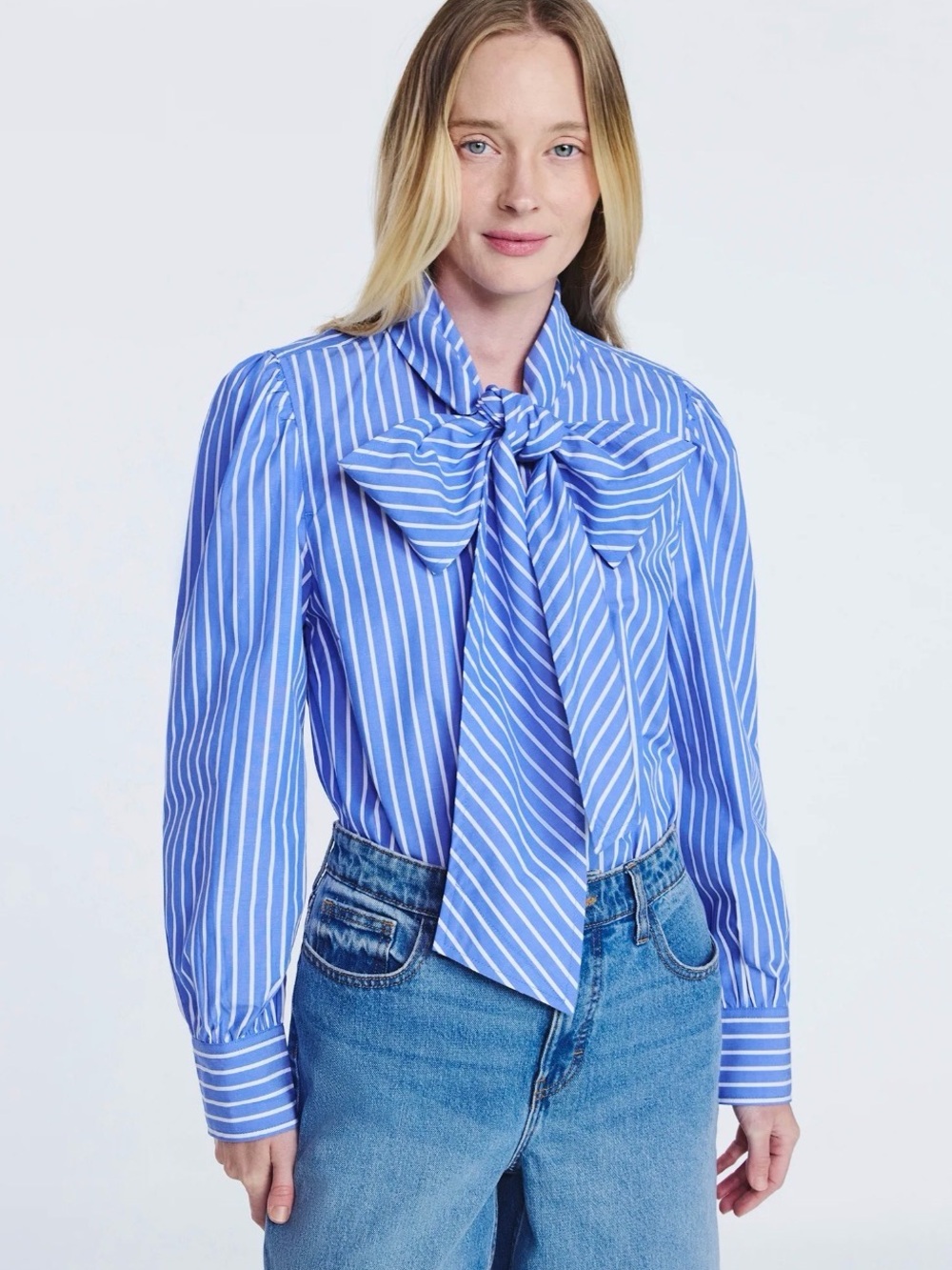 Free Assembly Striped Blue Bow-Tie Blouse